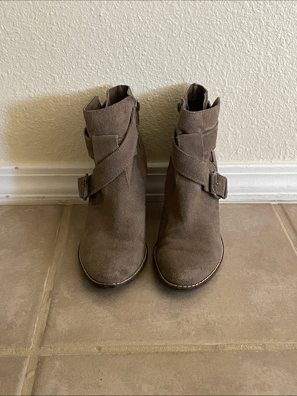 Dolce Vita Taupe Suede Buckle Strap Ankle Boots